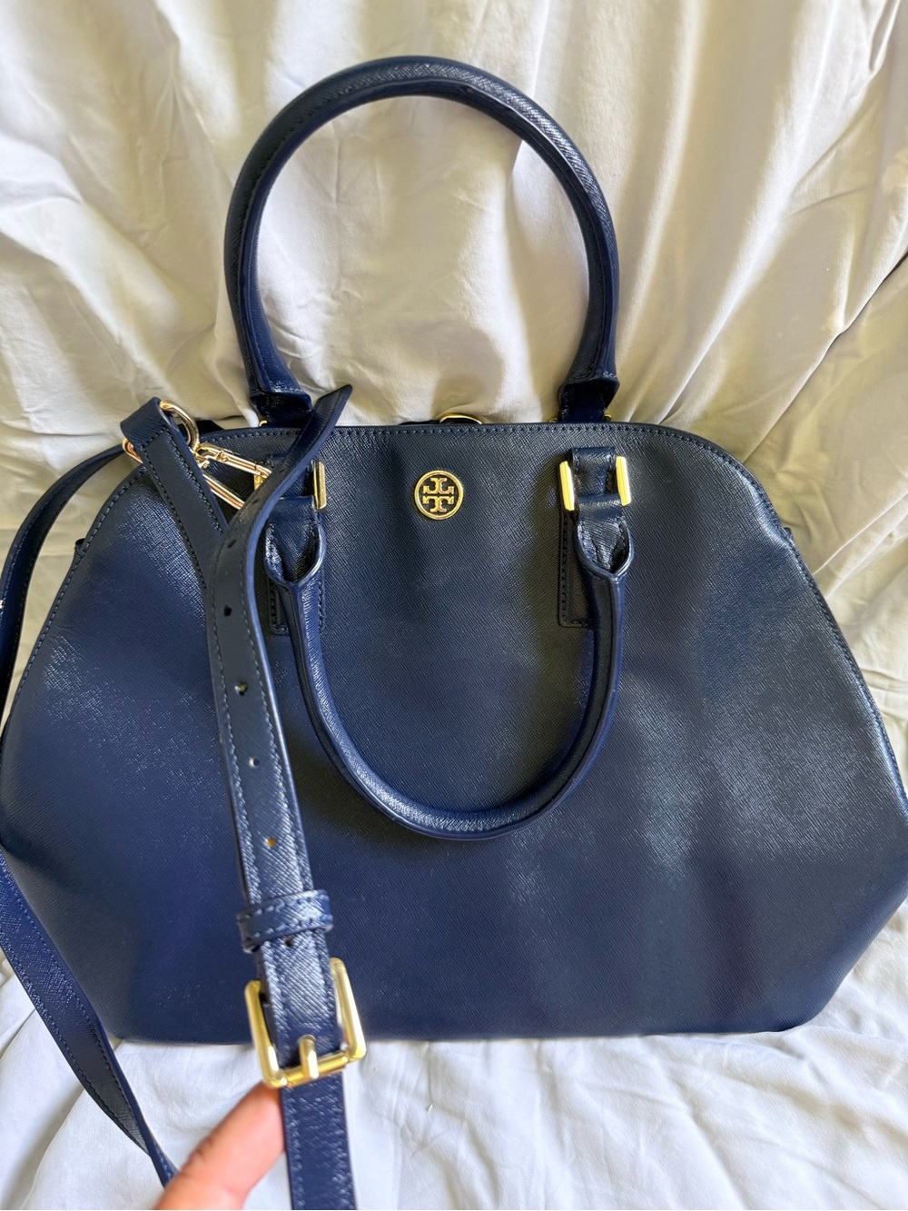 Tory Burch Navy Saffiano Leather Dome Satchel with Gold Hardware - Picture 9 of 12